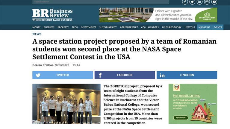 A space station project proposed by a team of Romanian students won second place at the NASA Space Settlement Contest in the USA